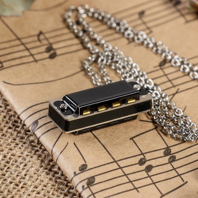 Губная гармошка Music Life 4 отверстия, 8 тонов, 3.5×1.5×1 см, цепь 28 см, черная