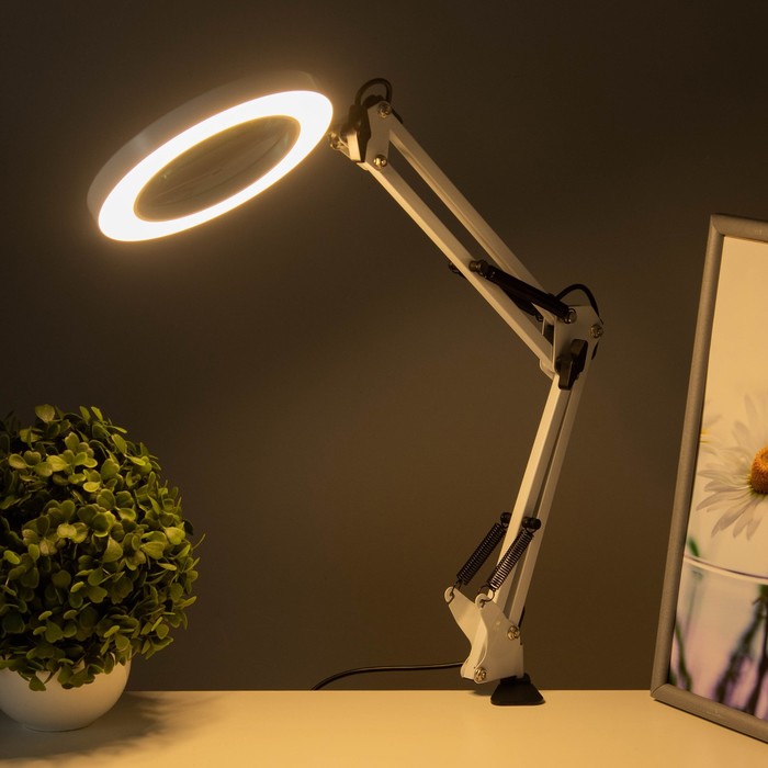 Настольная лампа на струбцине с лупой 5х "Омега" LED 5Вт 3000-6000К белый 16х16х71см 9468717