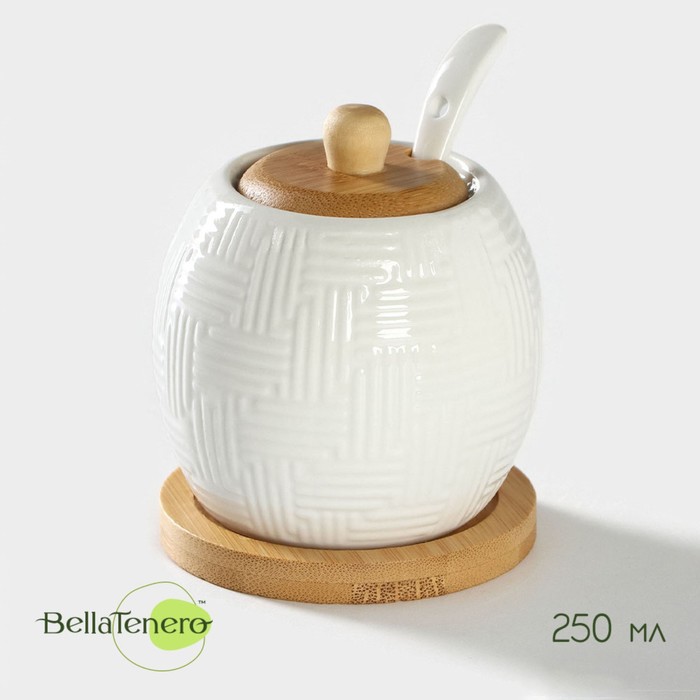 Сахарница фарфоровая с ложкой на бамбуковой подставке BellaTenero, 250 мл, цвет белый - Фото 1