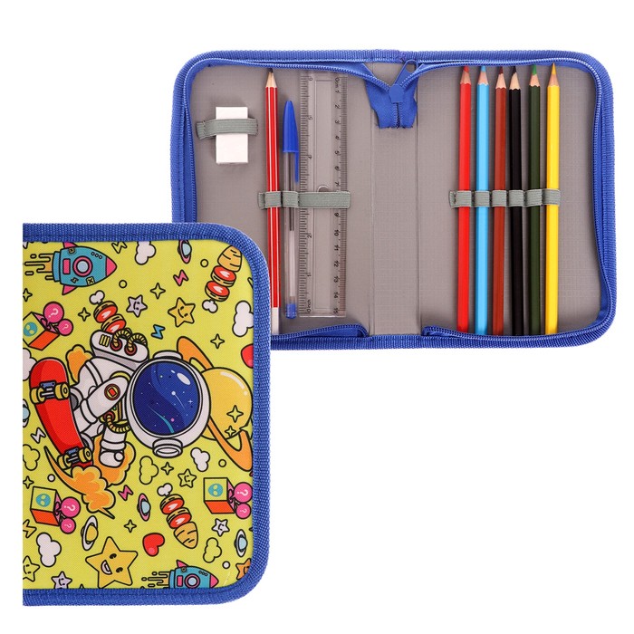 Пенал школьный «Космос», 13×19.5 см, на молнии, 1 секция, с наполнением, ткань - Фото 1