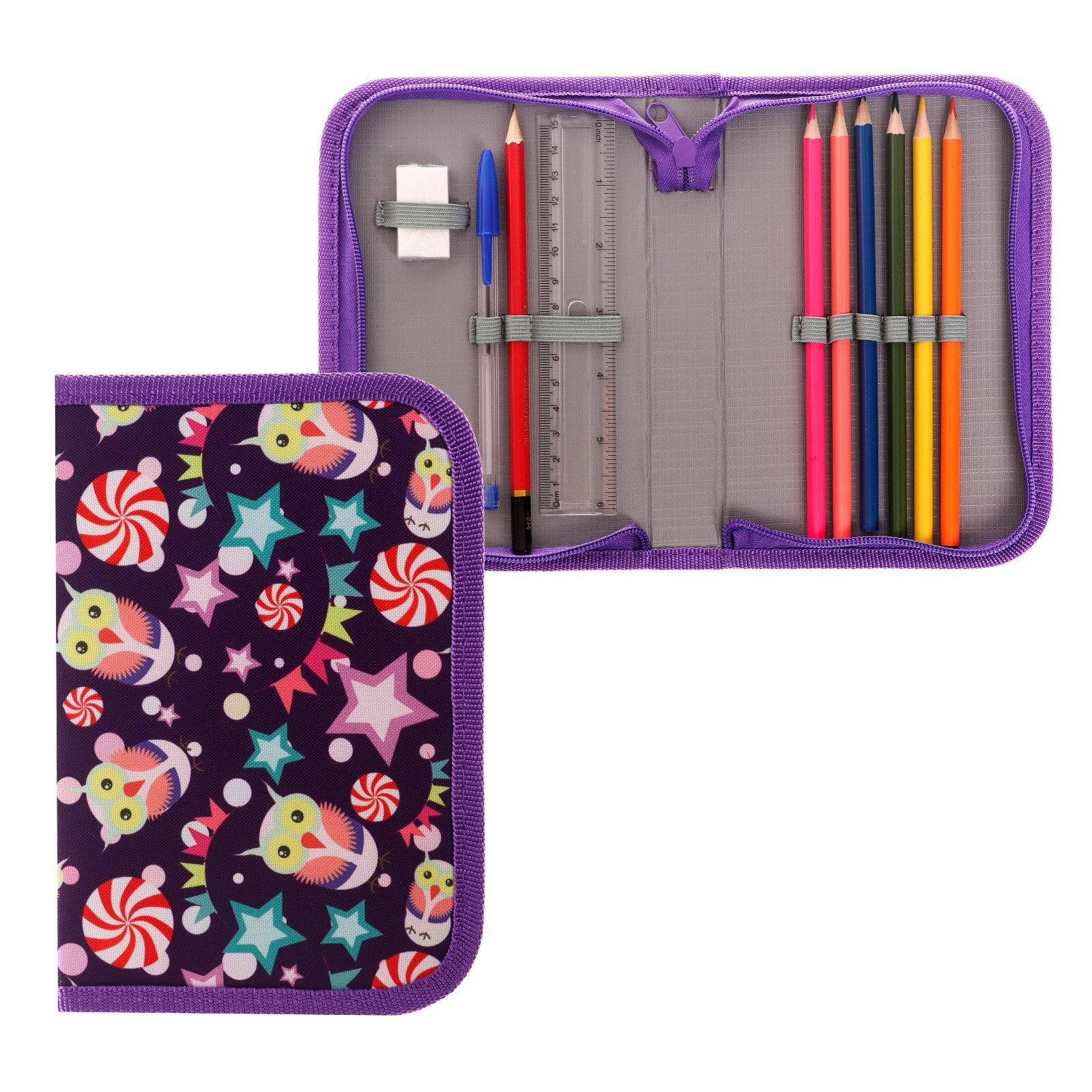 Пенал школьный "Совы", 13 х 19,5 см, на молнии, 1 секция, с наполнением ...