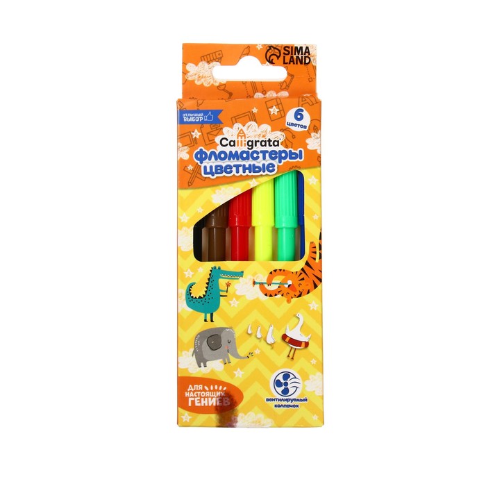 УЦЕНКА Фломастеры 6 цветов, вентилируемый колпачок, в картонной коробке ( плохо пишут ) - Фото 1