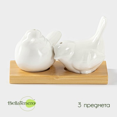 Набор для специй BellaTenero «Воробушки», солонка 75 мл, перечница 75 мл, на бамбуковой подставке, фарфор, белый