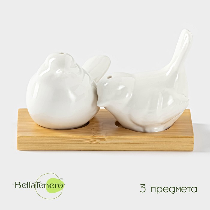 Набор для специй BellaTenero «Воробушки», солонка 75 мл, перечница 75 мл, на бамбуковой подставке, фарфор, белый - Фото 1
