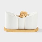 Набор для специй BellaTenero, солонка 60 мл, перечница 60 мл, ёмкость для зубочисток, на бамбуковой подставке, фарфор, белый - Фото 4