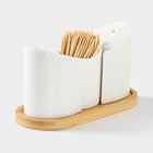 Набор для специй BellaTenero, солонка 60 мл, перечница 60 мл, ёмкость для зубочисток, на бамбуковой подставке, фарфор, белый - Фото 5