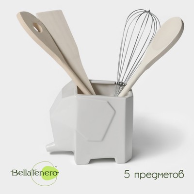 Набор кухонных принадлежностей на фарфоровой подставке BellaTenero «Слонёнок», 5 предметов, цвет белый