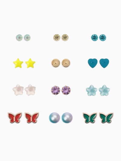 Серьги пусеты QF «Принцесса», 12 пар, бабочки, цветные в золоте