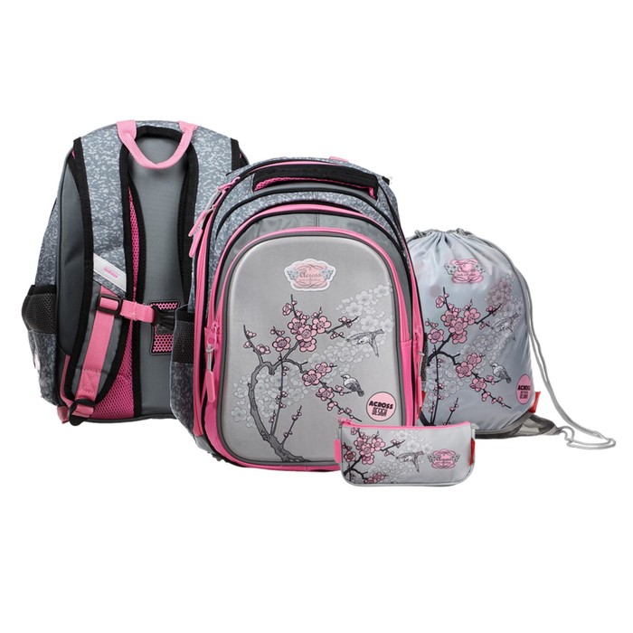 Рюкзак каркасный 39 х 29 х 17 см, Across 410, наполнение: мешок, пенал, серый/розовый ACR22-410-11 - Фото 1
