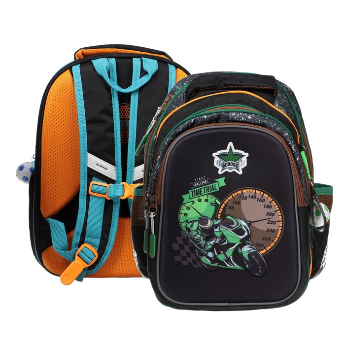 Рюкзак каркасный 39 х 29 х 17 см, Across 410, наполнение: мешок, пенал, чёрный/зелёный ACR22-410-1
