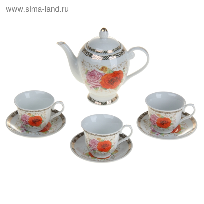 Набор керамический чайный "Кристина", 7 предмета: чайник 800 мл, 3 чашки 220 мл, 2 блюдца - Фото 1