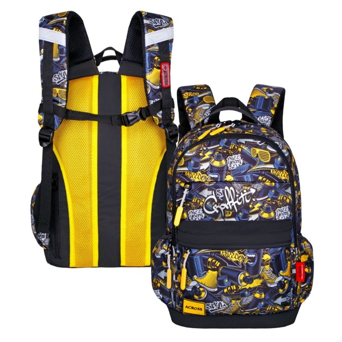Рюкзак молодёжный 43 х 29 х 18 см, эргономичная спинка, Across 155, чёрный/жёлтый 155-12 - Фото 1