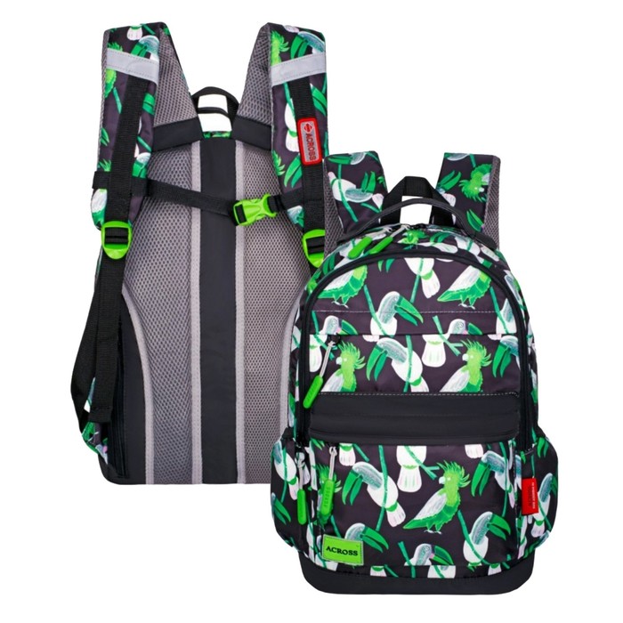 Рюкзак молодёжный 43 х 29 х 18 см, эргономичная спинка, Across 155, чёрный/зелёный 155-4 - Фото 1