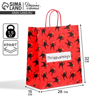 Пакет подарочный крафтовый, упаковка, «Поздравляю», 28×32×15 см