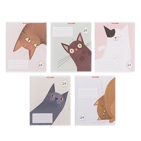Тетрадь 24 листа в линию "Коты", бумажная обложка 160г/м2, текстура, блок офсет, МИКС
