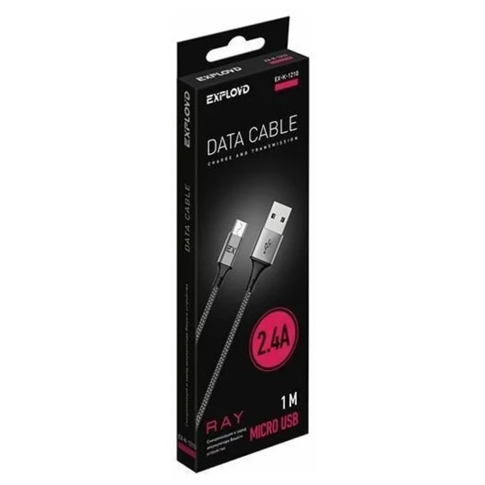 Кабель Exployd EX-K-1210, microUSB - USB, 2.4 А, 1 м, нейлонова оплетка, черный - фото 51462275