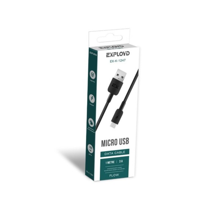 Кабель Exployd EX-K-1247, microUSB - USB, 3 А, 1 м, силиконовая оплетка, черный - фото 51462282