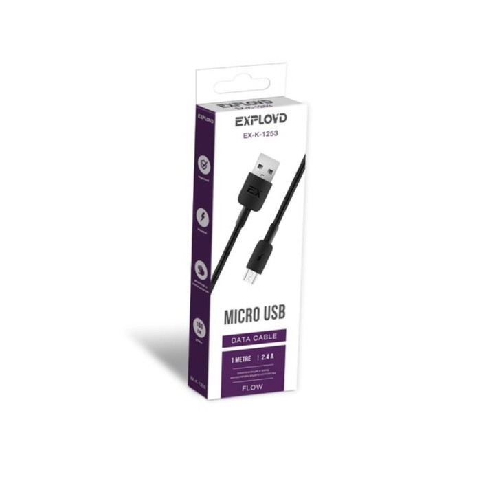 Кабель Exployd EX-K-1253, microUSB - USB, 2.4 А, 1 м, нейлоновая оплетка, черный - фото 51462284