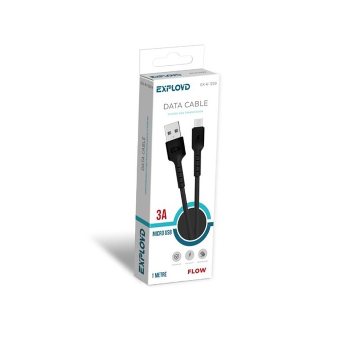 Кабель Exployd EX-K-1259, microUSB - USB, 3 А, 1 м, силиконовая оплетка, черный - фото 51462288