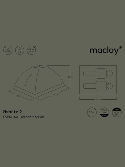 Палатка туристическая 2-местная maclay fisht te 2, 205×150×105 см, трекинговая, однослойная, зелёная