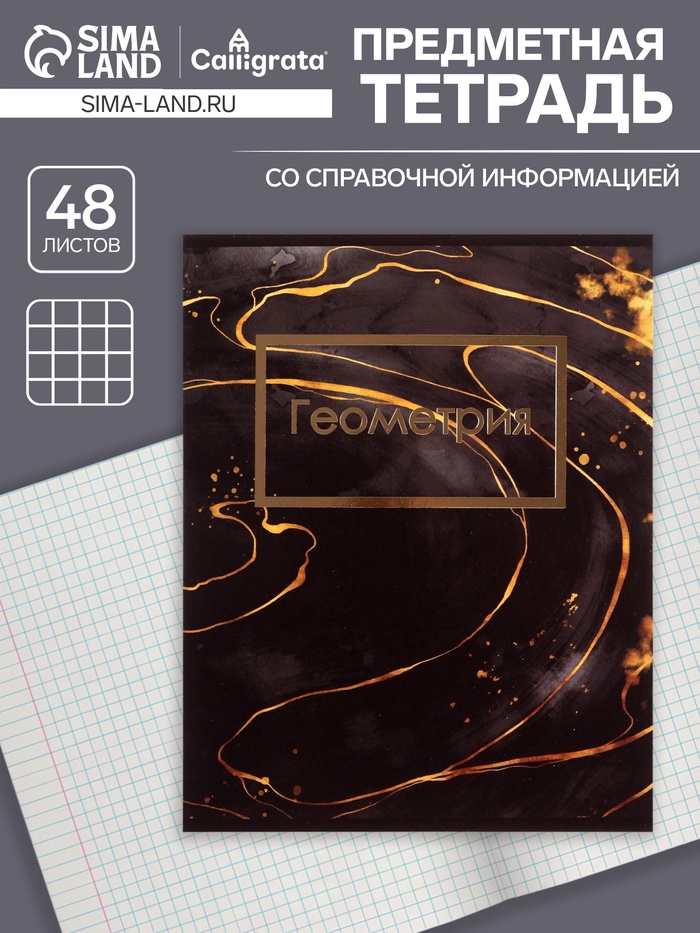 Предметная тетрадь по геометрии Calligrata «Мрамор тёмный», 48 листов, в клетку, со справочным материалом, обложка из мелованного картона - Фото 1
