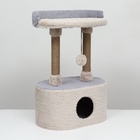Домик для кошек с когтеточкой, с овальной полкой, 54×34×80 см, пушистый мех, джут, серый - Фото 2