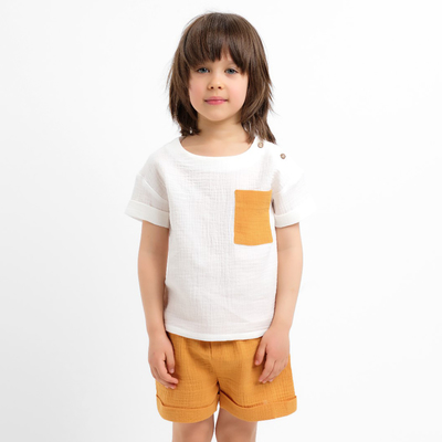 Костюм (футболка и шорты ) детский KAFTAN "Муслин", р.28 (86-92см) белый/горчичный