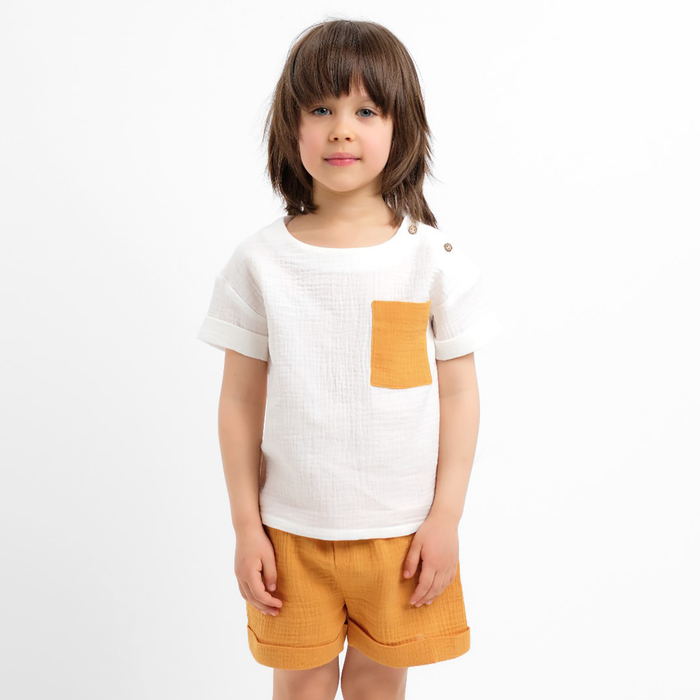 Костюм (футболка и шорты ) детский KAFTAN "Муслин", р.28 (86-92см) белый/горчичный - Фото 1