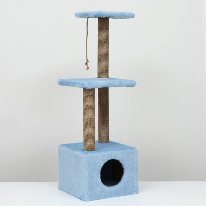 Домик для кошек с когтеточкой, с двумя полками, джут, 37 х 37 х 111 см, голубой