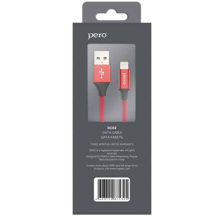 Кабель PERO DC-02, Lightning - USB, 2 А, 1 м, тканевая оплетка, красный - фото 51462353