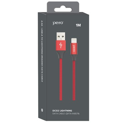 Кабель PERO DC-02, Lightning - USB, 2 А, 1 м, тканевая оплетка, красный