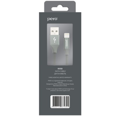 Кабель PERO DC-02, Lightning - USB, 2,4 А, 1 м, тканевая оплетка, серый