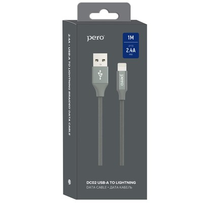 Кабель PERO DC-02, Lightning - USB, 2,4 А, 1 м, тканевая оплетка, серый