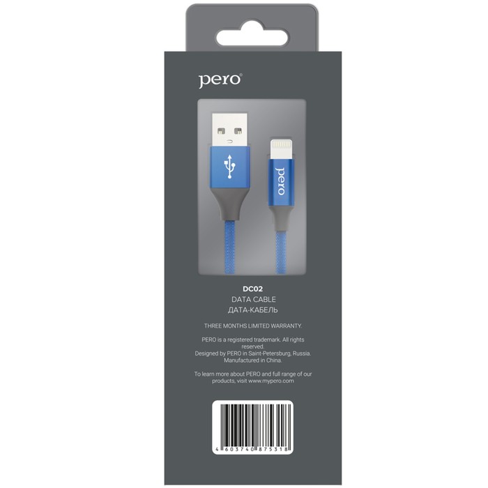 Кабель PERO DC-02, Lightning - USB, 2,4 А, 1 м, тканевая оплетка, синий - фото 51462365