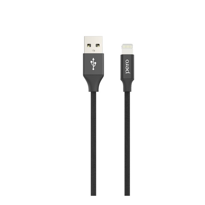 Кабель PERO DC-02, Lightning - USB, 2,4 А, 1 м, тканевая оплетка, черный