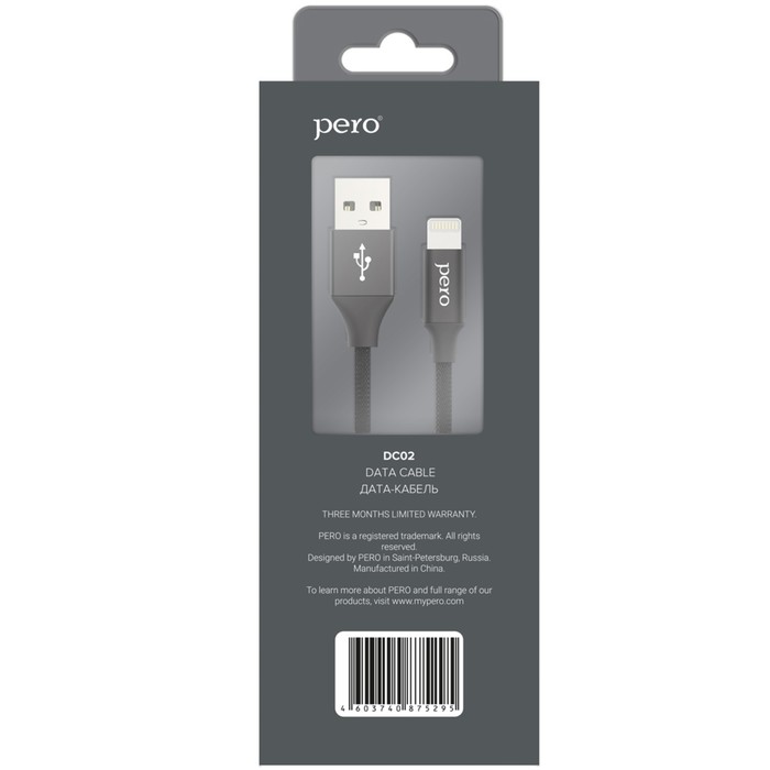 Кабель PERO DC-02, Lightning - USB, 2,4 А, 1 м, тканевая оплетка, черный - фото 51462371