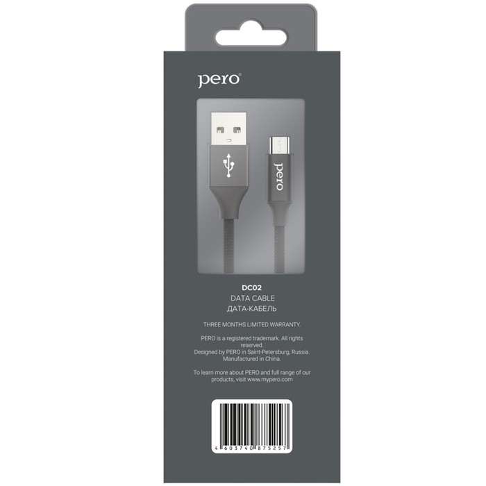 Кабель PERO DC-02, microUSB - USB, 2 А, 1 м, тканевая оплетка, черный - фото 51462389