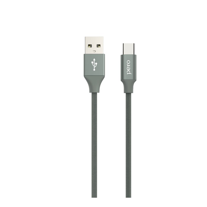 Кабель PERO DC-02, Type-C - USB, 2 А, 1 м, тканевая оплетка, серый