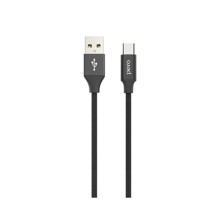 Кабель PERO DC-02, Type-C - USB, 3 А, 1 м, тканевая оплетка, черный