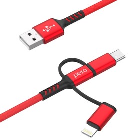 Кабель 3 в 1 PERO DC-06 Universal, USB - microUSB/Lightning/Type-C, 3 А, 1 м, красный 9605960