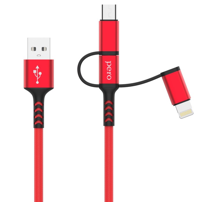 Кабель 3 в 1 PERO DC-06 Universal, USB - microUSB/Lightning/Type-C, 3 А, 1 м, красный - фото 51462422