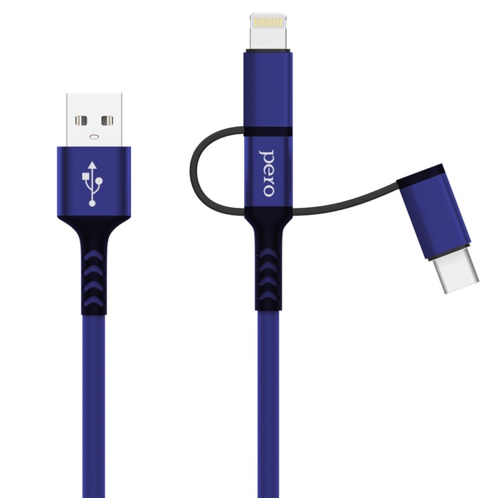 Кабель 3 в 1 PERO DC-06 Universal, USB - microUSB/Lightning/Type-C, 3 А, 1 м, синий - фото 51462427