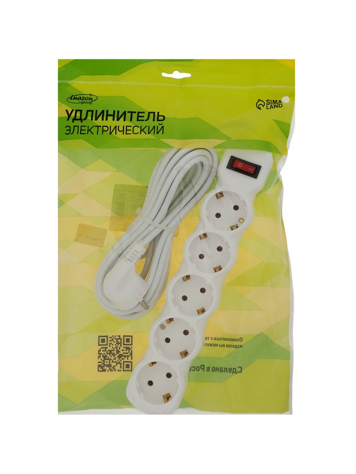 Удлинитель Luazon Lighting ECO, 5 розеток, 5 м, 10 А, 2200 Вт, ПВС 3х0.75 мм2, с з/к, белый - фото 51850732