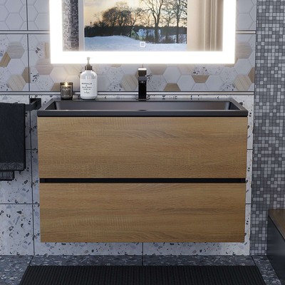 Тумба подвесная Uperwood, под раковину Uperwood Barsa 80, цвет чёрный/дуб сонома
