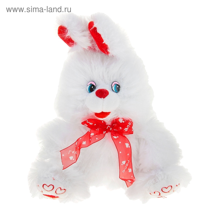 Мягкая игрушка "Зайка" белый ушки красные с бантиком - Фото 1