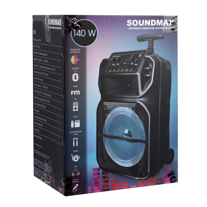 Портативная колонка Soundmax SM-PS4302, 60Вт, 2400мАч, FM, BT, microSD, USB, AUX, подсветка - фото 51327440