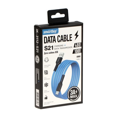 Кабель Smartbuy S21, Type-C - USB, 3 А, 1 м, зарядка + передача данных, синий