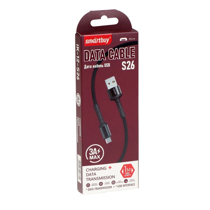 Кабель Smartbuy S26, microUSB - USB, 3 А, 1 м , быстрая зарядка, нейлоновая оплетка, черный - фото 51462679 Кабель Smartbuy S26, microUSB - USB, 3 А, 1 м , быстрая зарядка, нейлоновая оплетка, черный - фото 51462679