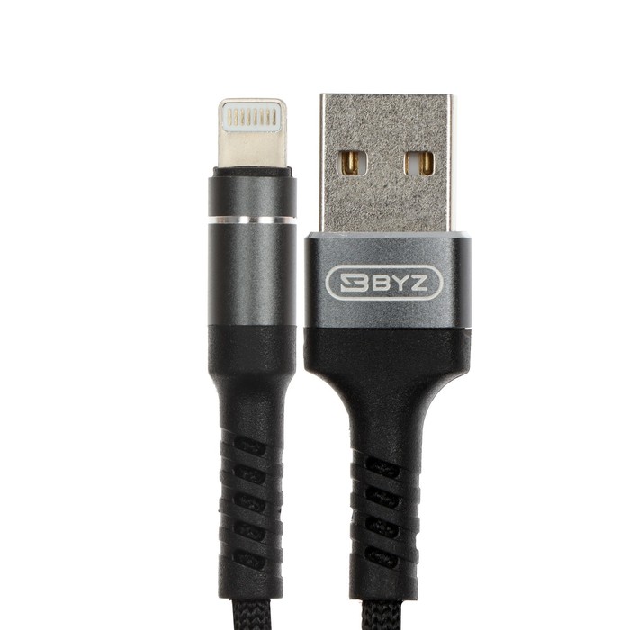 Кабель BYZ BC-025i, Lightning  - USB, 5 А, 1.2 м, нейлоновая оплетка, черный - фото 51483862