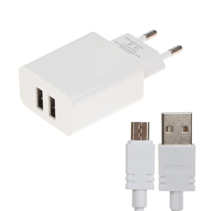 Сетевое зарядное устройство BYZ B35, 2 USB, 2.1 A, кабель microUSB 1 м, белое